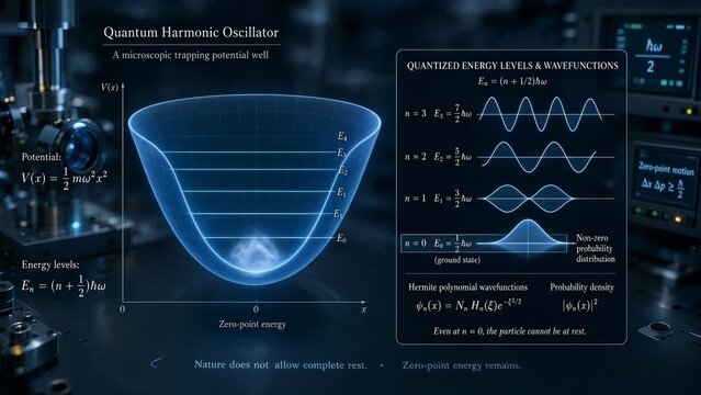 Microscopic trapping potential well with a zoomed inset displaying quantized energy levels, non-zero ground state probability distribution, and hermite polynomial wavefunctions