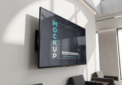 Television Mounted on Waiting Room Wall Screen Mockup