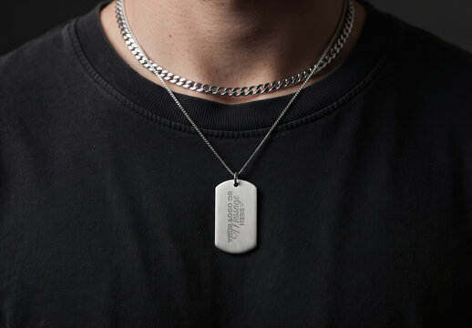 Silver Pendant Necklace on Shirt Logo Branding Message Mockup