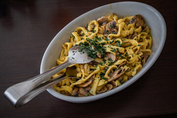 Foie gras and mushrooms tagliatelle pasta at a restaurant in Ventimiglia, Italy © SvetlanaSF