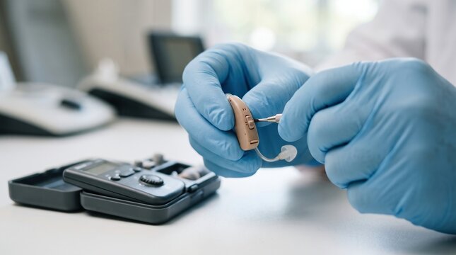 Audiologist Adjusting Hearing Aid with Precision Tool in Clinical Setting