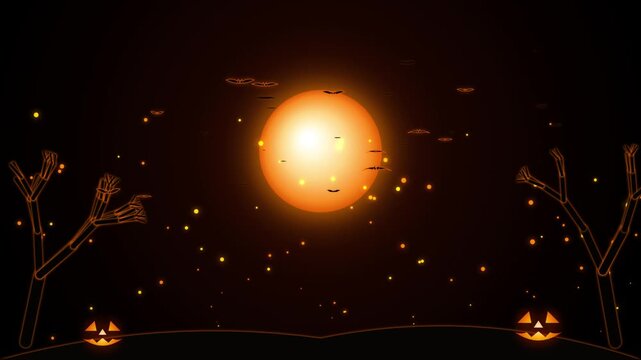 Halloween spooky night loop with glowing full moon bats flying and jack o lantern pumpkins.