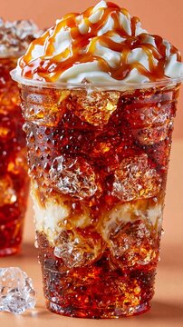 Sugary drink gleams with caramel drizzle and whipped cream. Ice cubes float in the vibrant, refreshing beverage. Topped with creamy swirls, it invites indulgence. Perfect for cafe menus, dessert ads
