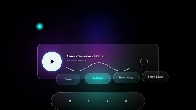 Music player interface glowing with ambient lights and floating particles in digital environment.