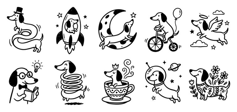 Cute dachshund dog character adventures doodle set, sausage dog flying on rocket, sitting in teacup, slinky body, bicycle ride, astronaut, and reading book vector