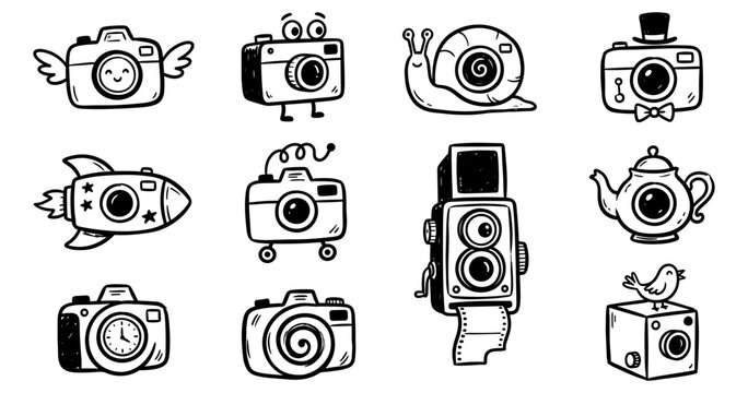 Funny retro photo camera characters doodle icons set, camera with wings, cute snail camera, vintage twin lens reflex TLR, rocket cam, and teapot camera vector