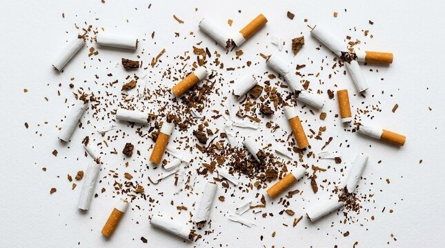 Discarded Cigarettes Scattered Across White Surface