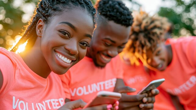Three smiling young volunteers in matching shirts. They share phones, laugh, and enjoy sunny outdoors. Their joy reflects teamwork and community spirit. Ideal for charity, youth engagement