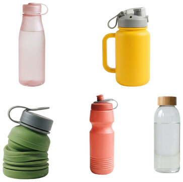 A collection of assorted water bottle mockups in different styles, colors, and materials for hydration and lifestyle presentations.