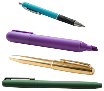 A collection of colorful writing pens and markers in different styles and finishes.