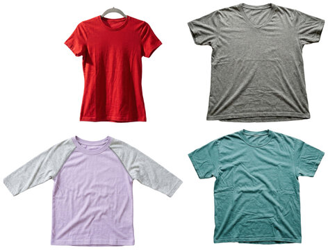 A set of blank casual t-shirts in different colors and cuts for apparel mockups and fashion presentations.