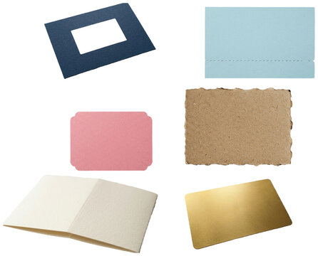 A set of blank insert cards in assorted colors, shapes, and finishes for packaging and stationery mockups.