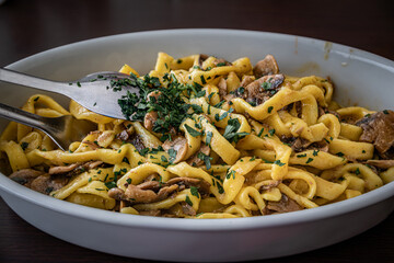 Foie gras and mushrooms tagliatelle pasta at a restaurant in Ventimiglia, Italy © SvetlanaSF