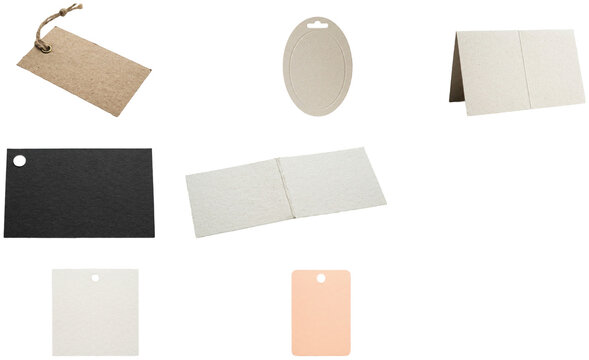 A set of blank packaging cards and hang tags in assorted shapes, folds, and finishes for retail mockups and product presentation.