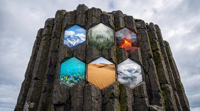Surreal basalt rock structure displaying diverse nature environments inside hexagonal windows