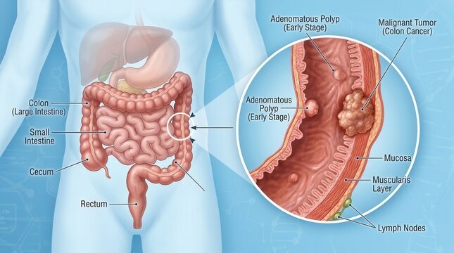 Digestive System Anatomy Showing Colon Cancer Progression Detailed View