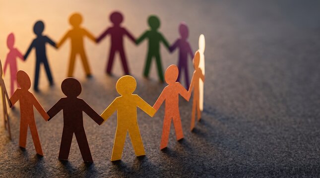 Colorful paper cutouts of people holding hands in a circle on a dark textured surface, symbolizing unity, diversity, and global cooperation