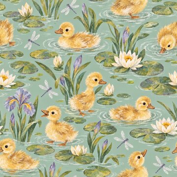 Seamless pattern with ducklings and water lilies