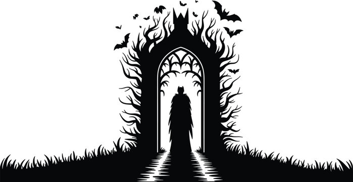 Vampire Silhouette Standing at Gothic Gate with Fiery Trees and Bats Halloween Vector Illustration