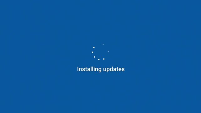 Computer screen showing installing updates message with spinning loader in horizontal format. Frames display progress on blue, green, and dark backdrops. Great for tech tutorials and IT themes.