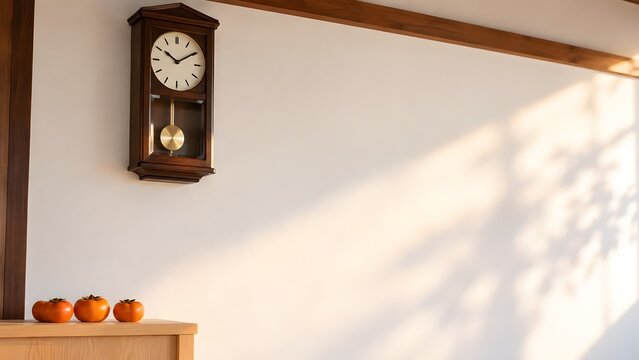 白い漆喰壁に掛けた昭和の柱時計と棚の柿 木漏れ日が差す秋の茶の間
