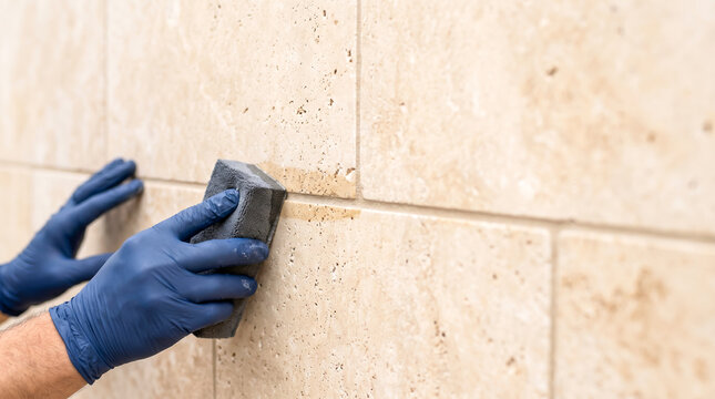 Close up of worker hands in blue gloves sponging wall tile grout line during renovation