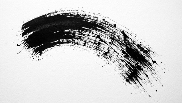 Dynamic black splash paint brush arc with artistic splatter drops for creative background design.
