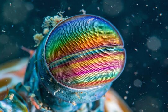 Macro close up of a vibrant peacock mantis shrimp eye showing the complex colorful ommatidia structure underwater