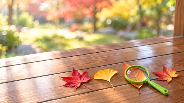 縁側に並べた色とりどりの落ち葉と虫眼鏡 秋の庭の日だまりで楽しむ自然観察