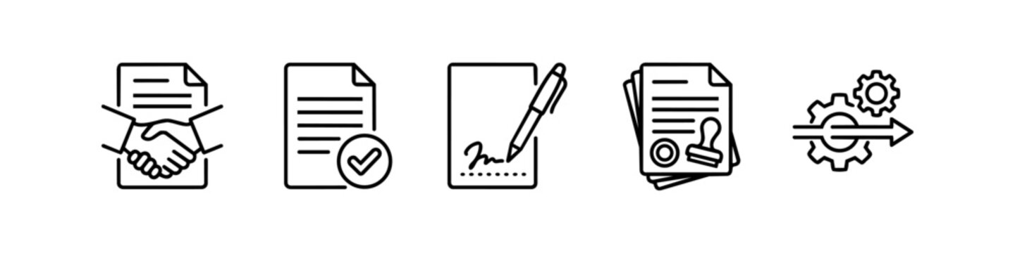 Contract signing and business workflow icon set. Linear icons of handshake deal, approved document, signature, stamp, and implementation process on white background.