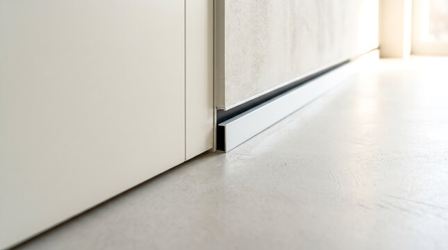 Minimalist recessed aluminum baseboard skirting profile installed along microcement floor and wall junction