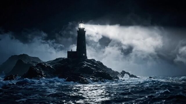 Lighthouse beacon shining through stormy night ocean waves, cinematic maritime navigation and safety concept