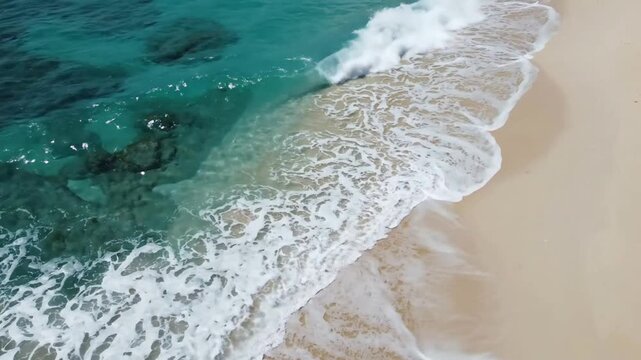 Aerial view of tropical turquoise ocean waves crashing on pristine white sand beach shoreline drone