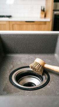 Wooden scrub brush cleaning around a dark kitchen sink drain