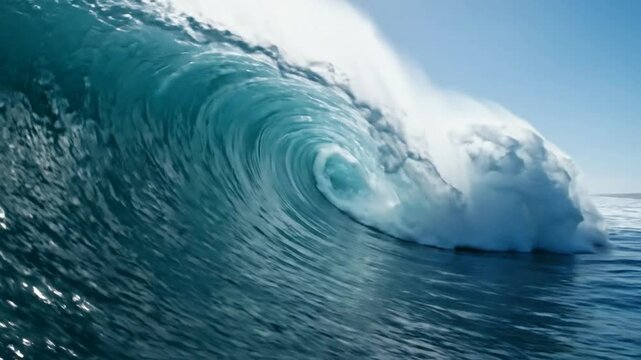 Massive crashing ocean wave barrel, powerful blue sea swell, tropical surf background, surfing tube