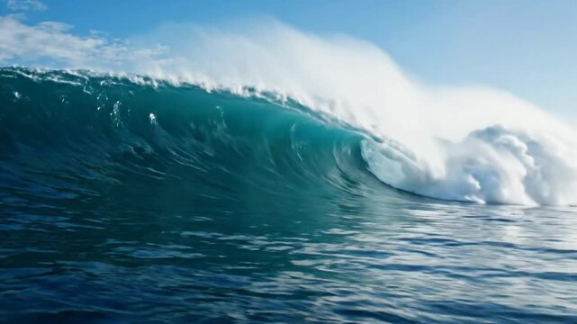 Massive crashing ocean wave in deep blue sea: powerful tropical surf and splashing spray for travel and nature backgrounds