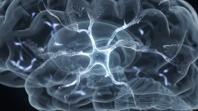 A glowing neuron firing electrical impulses within a translucent human brain structure, representing neural activity, cognitive processes, and advanced neuroscience research