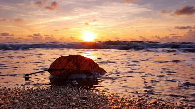 Dry leaf on sandy beach at sunset with gentle ocean waves rolling in, serene tropical coastal atmosphere
