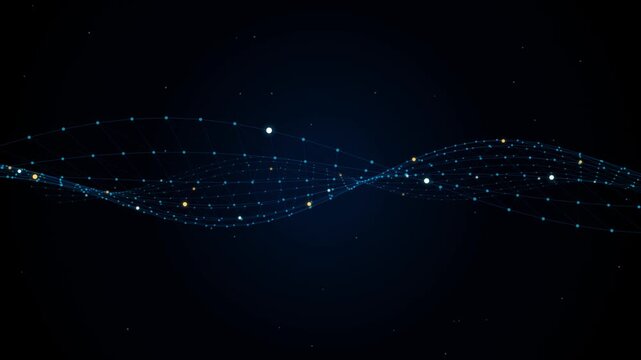 Abstract data connection wave composed of glowing blue nodes and digital mesh lines on dark background.