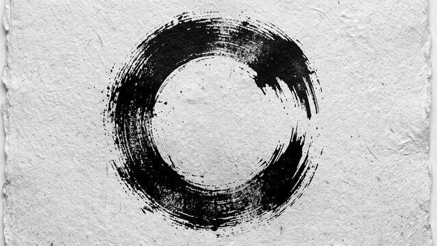 Black ink brush circle frame on paper texture background with rough distressed paint style elements.