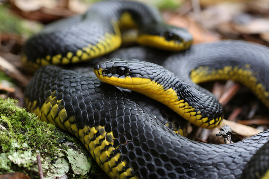 Two black snakes, their yellow undersides coiled on