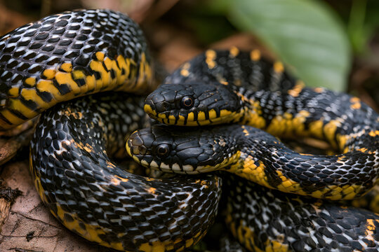 Two black snakes, yellow-bellied, coiled on