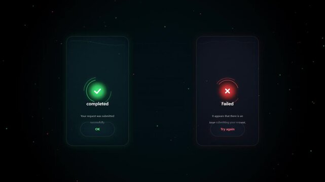 Completed and failed status interface animation screens displayed on mobile phones in motion.