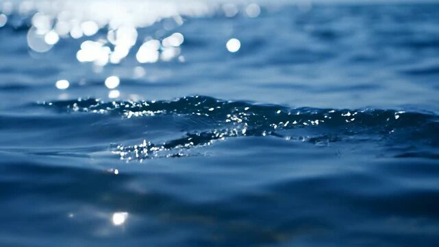 Sparkling blue ocean waves close-up, gentle sea surface ripples with sun glare background, water