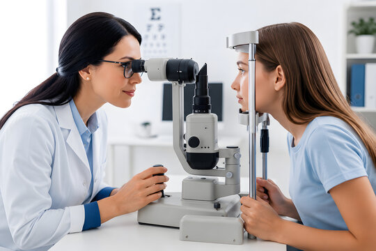 Female Ophthalmologist Checking Young Girl Eye Vision in Modern Clinic