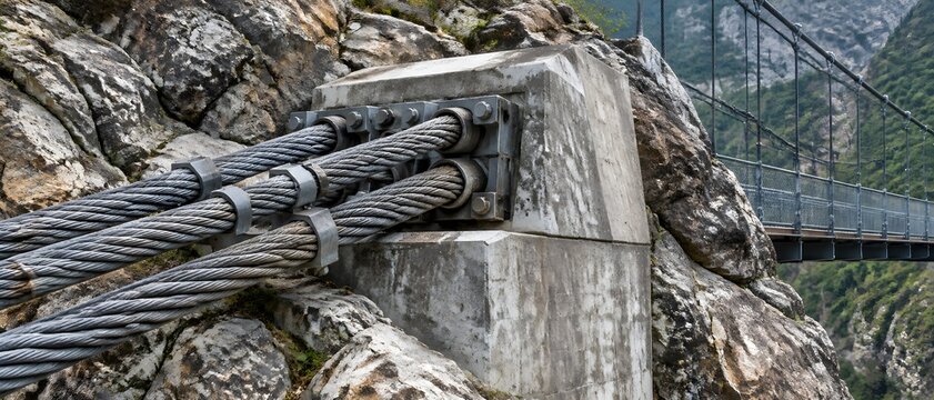 Suspension bridge anchor structure surrounded by weathered rock with heavy cable bundles entering solid concrete walls