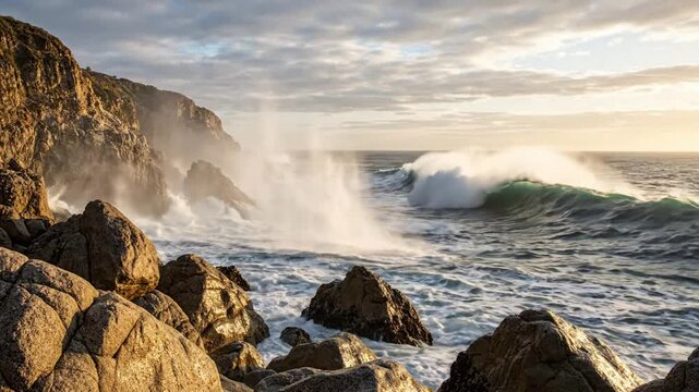 Powerful ocean waves crashing against rocky coastal cliffs at golden hour sunset