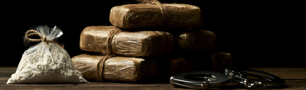 A stack of compressed bricks, possibly filled with prohibited substances, is positioned beside a container of powdery material and a set of handcuffs.