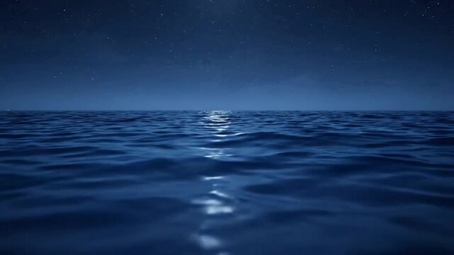 Serene night ocean waves under starry sky, moonlight reflection on calm deep blue sea surface stars