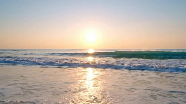 Golden sunrise over tropical ocean waves, gentle sea tide rolling onto sandy beach shoreline, peaceful morning coastal landscape